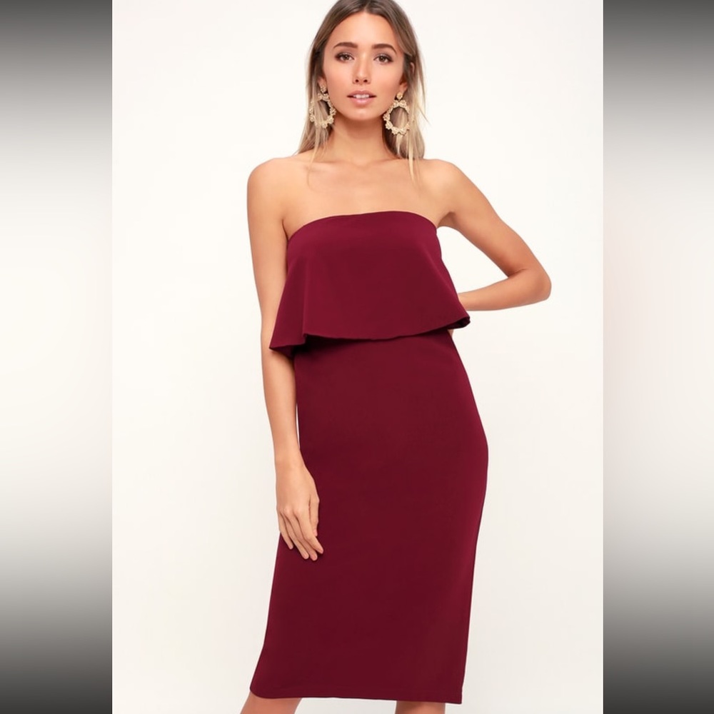 Lots of Love Burgundy Strapless Midi Dress - Lulus
